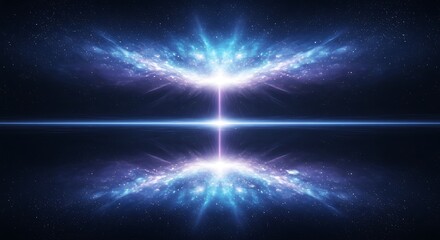 Vibrant blue and purple light bursts symmetrically across a dark cosmic background, creating an abstract energy field.