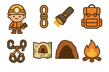 Children's Cave Adventure. Flat vector mini-illustrations cave explorers in colors children's illustrations: explorer with helmet,