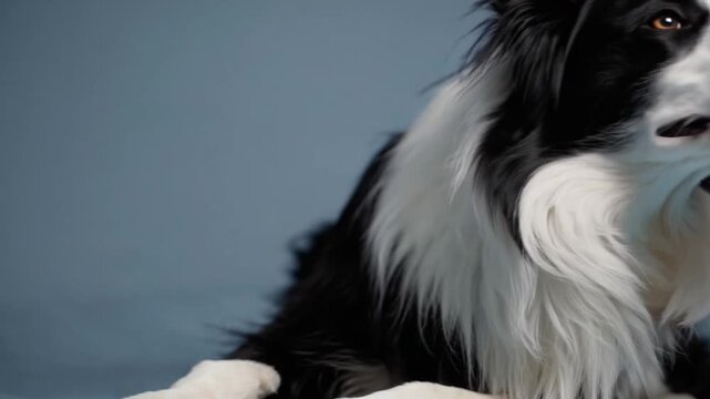 Sad Border Collie Dog Looking Upwards While Lying Down on Solid Blue Colored Background