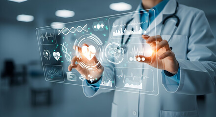 Doctor using futuristic medical interface for diagnosis and data analysis application in hospital