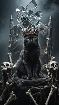 Black Cat with Crystal Crown on Bone Throne