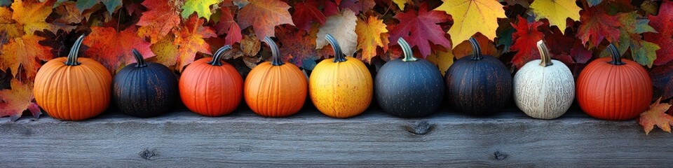Colorful pumpkins and autumn leaves arranged on a rustic wooden surface for a festive fall harvest display
