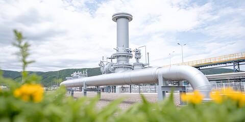 Large pipe is next to a field of yellow flowers.