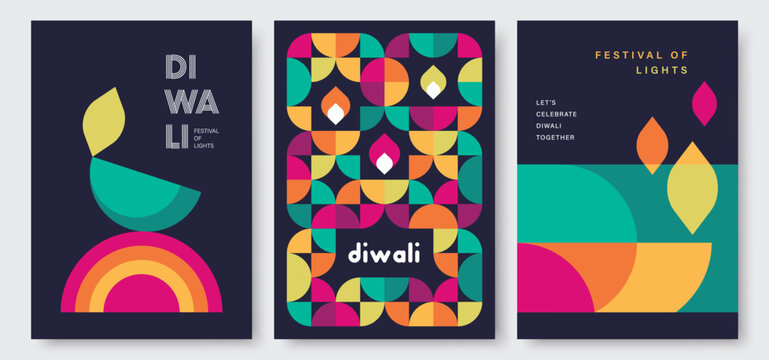 Set of happy Diwali Hindu festival modern design with diya oil lamps, colorful geometric and typography. Vector illustration for greeting card, poster, cover, banner.
