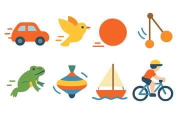 Fototapeta premium Children's Motion Icons. Flat vector mini-illustrations acceleration and motion in colors children's illustrations: moving car,