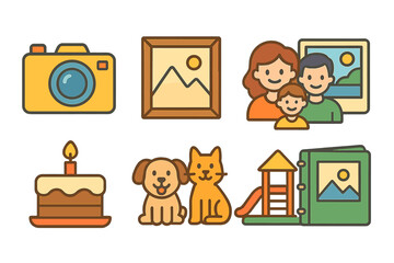 Children's Photo Memories. Flat vector mini-illustrations photo memories in colors children's illustrations: camera, photo frame,