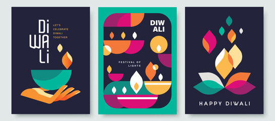 Set of happy Diwali Hindu festival modern design with diya oil lamps, colorful geometric and typography. Vector illustration for greeting card, poster, cover, banner.
