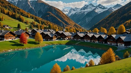 Scenic Autumn Village by a Turquoise Lake and Snowy Mountain Peaks
