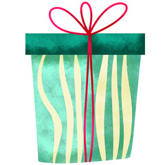Hand-drawn watercolor illustration of a turquoise Christmas gift box