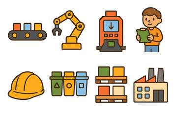 Children's Sorting Facility. Flat vector mini-illustrations sorting facility in colors children's illustrations: conveyor belt,