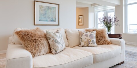 White couch with pillows on it.