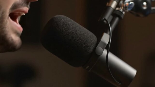 A closeup shows a persons open mouth near a studio microphone with a foam cover mounted on a stand in a dimly lit setting