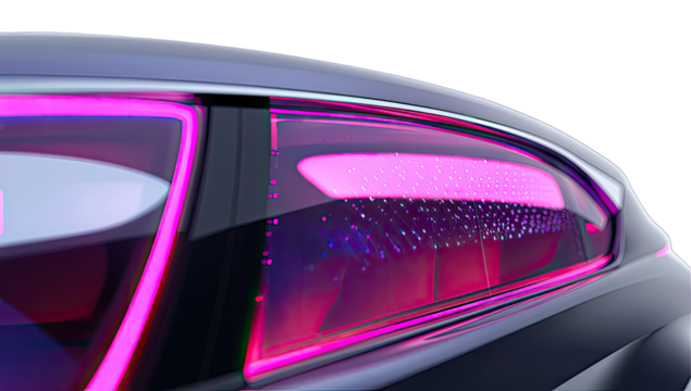 Close-up of a futuristic car's window detail.  Neon lights illuminate the interior