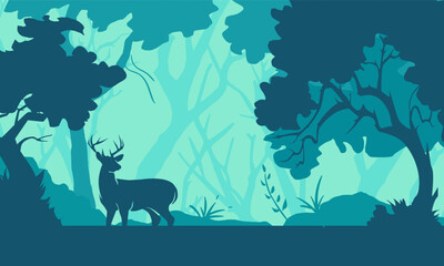 Vector illustration of a deer standing in a deep forest, wildlife silhouette background suitable for posters, wallpapers, and nature design projects.