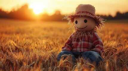 Scarecrow in plaid shirt and straw hat sitting in autumn wheat field at golden hour with burlap textures, for seasonal decor, farm advertising and countryside lifestyle visuals