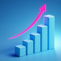 Rising blue bar graph with a pink arrow indicating growth and success