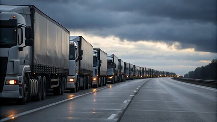 Long line of semitrucks speeds down road under ominous sky. Perfect for transportation, logistics, freight, or road safety concepts.