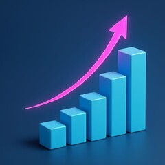 Rising blue bar graph with a pink arrow indicating growth and success