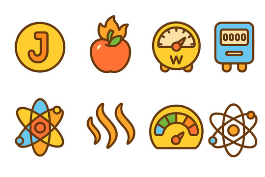Colorful Energy Icons. Flat vector mini-illustrations energy units in colors children's illustrations: joule symbol, calorie icon,