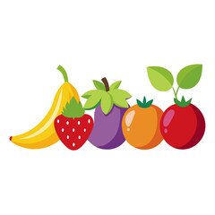 Fresh, vibrant fruits and vegetables arranged in a colorful, appealing line, perfect for healthy eating, culinary projects, and food-related designs, showcasing a balanced diet's beauty.