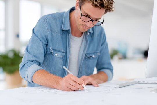 Man is writing on a piece of paper.