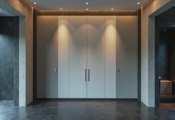 Modern pump cabinet doors closed in a stylish pool room setting