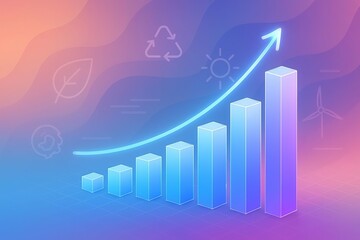 Glowing neon bar chart with upward trend arrow against gradient background