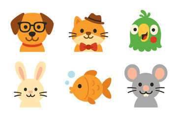 Naklejka premium Colorful Pets and Pajamas. Flat vector mini-illustrations funny pets in colors children's illustrations: dog wearing glasses, cat