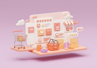 Conceptual mobile online shopping application interface with shopping cart basket bags and feedback notifications for e commerce and business marketing