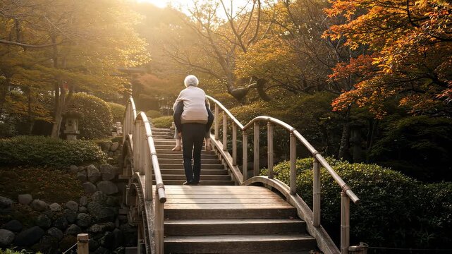 高齢のおばあちゃんを抱えて階段を登るのを手助けする夫
