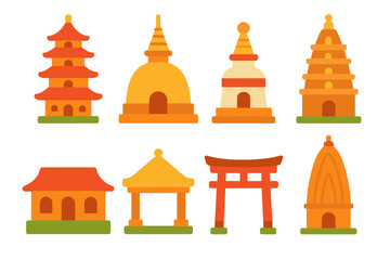 Colorful Temple Icons. Flat vector mini-illustrations temple architecture styles in colors children's illustrations: pagoda, stupa