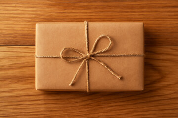 Minimalistic gift box wrapped in brown kraft paper and tied with natural jute twine bow, placed on a wooden table. Eco-friendly packaging concept, rustic and sustainable style.
