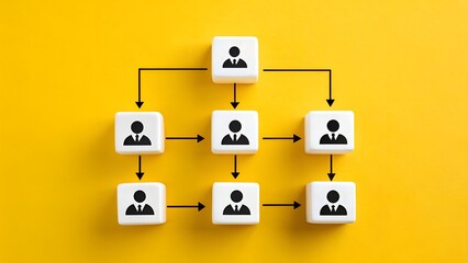 Hierarchical Structure of Suit Icon Blocks with Arrows on Yellow Background – Organizational Flow and Role Distribution, Business Theme, Abstract Reporting Lines, leadership, communication, management