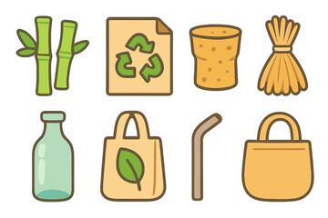 Eco-Friendly Materials Icons. Flat vector mini-illustrations alternative materials in colors children's illustrations: bamboo