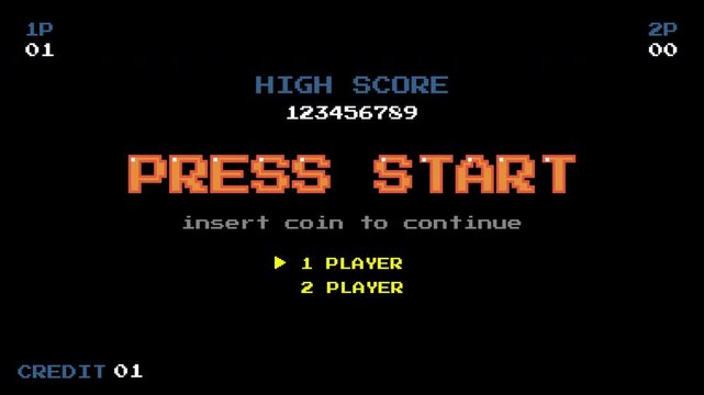 PRESS START INSERT A COIN TO CONTINUE. Retro Arcade Pixel Art Game Menu with High Score Display .pixel art .8 bit game. retro game. for game assets on black background