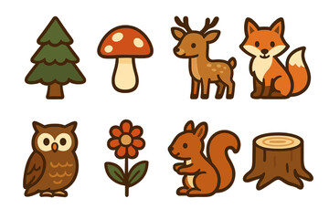 Fototapeta premium Forest Creatures Icons. Flat vector mini-illustrations forest beauty in colors children's illustrations: pine tree, mushroom, deer