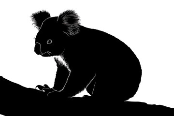 Fototapeta premium Silhouette of a koala perched on a branch against a stark white background, evoking tranquility