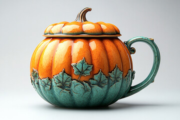 Ceramic cup with lid in shape of a orange pumpkin in a rustic style on a white background.
