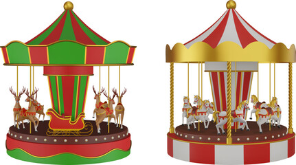 set of 3d carousel. carousel with horse and christmas carousel with reindeers. christmas toys  © Angelica