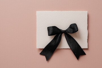 Condolence card with textured paper and black satin ribbon on dusty rose background, funeral concept, grief