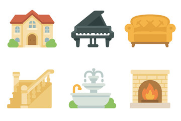 Luxury Home Icons. Flat vector mini-illustrations luxury home in colors children's illustrations: mansion, grand piano, crystal