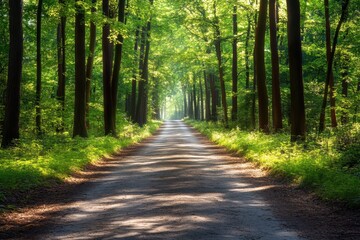 Fototapeta premium Sunlit Forest Path: A Vibrant Journey Through Greenery in Nature's Embrace
