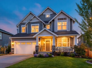 A two-story house at twilight, well-lit windows, manicured lawn, and landscaping