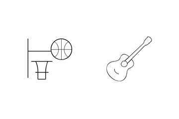 Simple line drawings of basketball hoop and acoustic guitar representing sports and hobbies
