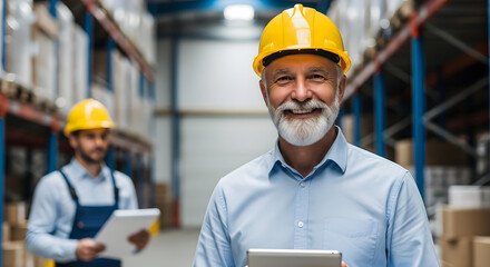 Experienced warehouse manager smiles confidently while using a tablet, overseeing his team's efficient operations in a modern facility.