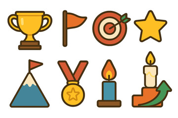 Obraz premium Motivational Icons Grid. Flat vector mini-illustrations Motivation and Goals in colors children's illustrations: trophy, flag,