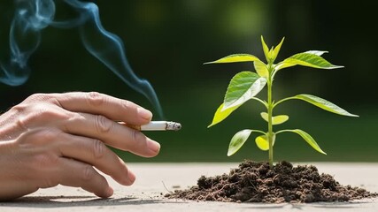 A hand holding a lit cigarette with smoke next to a vibrant green seedling, symbolizing the contrast between harmful habits and natural growth.