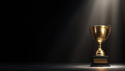 Gold trophy illuminated by spotlight on dark background