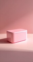 Pink rectangular box on a pink surface.  Soft light casts a shadow