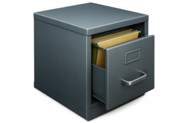 Grey metallic filing cabinet with open drawer and files on transparent background